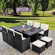 RayGar Deluxe 11 Piece 10 Seater Rattan Cube Dining Table Garden Furniture Patio Set with Cushions (Gray/Black)