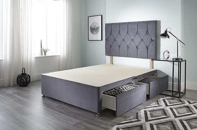 Bed Centre 4FT6 Double Divan Bed Ziggy Grey Plush Memory Foam Divan Bed Set With Mattress, 2 Drawers (Same Side) and Headboard (Double (135cm X 190cm))