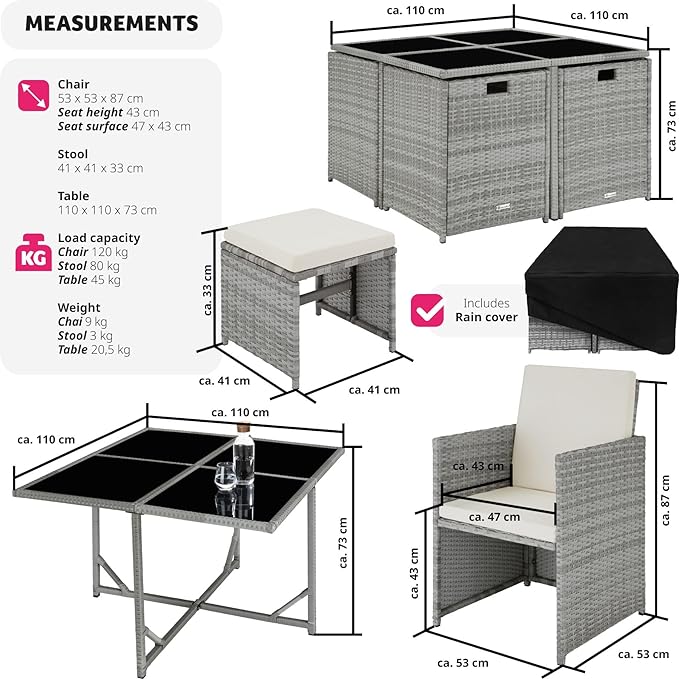 TecTake® Polyrattan Garden Furniture Set with Aluminium Base, Including 4 Dining Chairs, 1 Table, 4 Stools, Foldable Garden Lounge Set, For Up To 8 People, Patio Furniture - grey