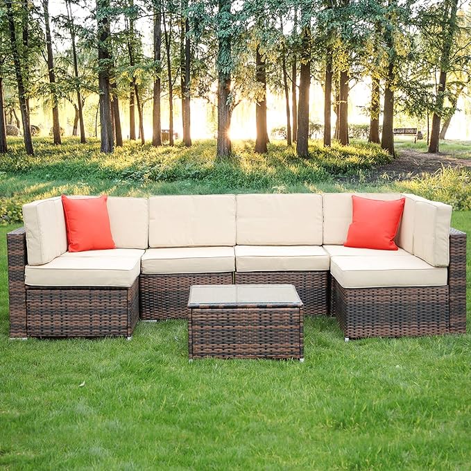 bigzzia 6 Seats Garden Furniture Set, Patio Rattan Dining Table Set Wicker Weave Corner Sofa Seat Glass Coffee Table Conversation Set With Cushions and Pillows For Lawn Backyard Poolside