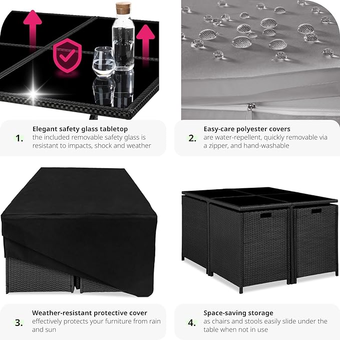 TecTake® Polyrattan Garden Furniture Set with Aluminium Base, Including 4 Dining Chairs, 1 Table, 4 Stools, Foldable Garden Lounge Set, For Up To 8 People, Patio Furniture - grey