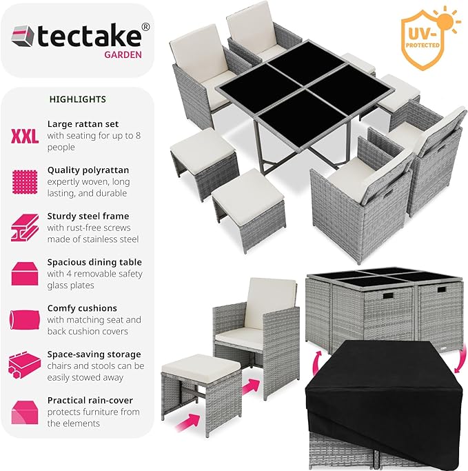 TecTake® Polyrattan Garden Furniture Set with Aluminium Base, Including 4 Dining Chairs, 1 Table, 4 Stools, Foldable Garden Lounge Set, For Up To 8 People, Patio Furniture - grey