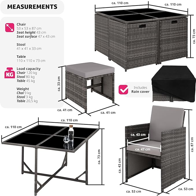 TecTake® Polyrattan Garden Furniture Set with Aluminium Base, Including 4 Dining Chairs, 1 Table, 4 Stools, Foldable Garden Lounge Set, For Up To 8 People, Patio Furniture - grey