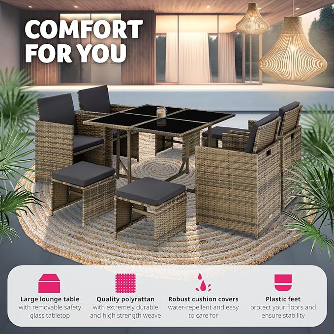 TecTake® Polyrattan Garden Furniture Set with Aluminium Base, Including 4 Dining Chairs, 1 Table, 4 Stools, Foldable Garden Lounge Set, For Up To 8 People, Patio Furniture - grey