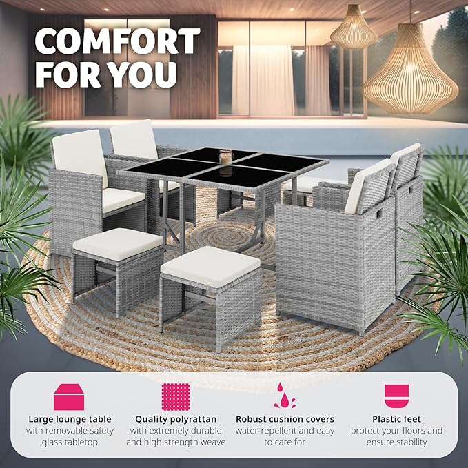 TecTake® Polyrattan Garden Furniture Set with Aluminium Base, Including 4 Dining Chairs, 1 Table, 4 Stools, Foldable Garden Lounge Set, For Up To 8 People, Patio Furniture - grey