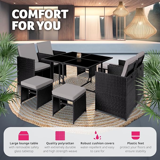TecTake® Polyrattan Garden Furniture Set with Aluminium Base, Including 4 Dining Chairs, 1 Table, 4 Stools, Foldable Garden Lounge Set, For Up To 8 People, Patio Furniture - grey