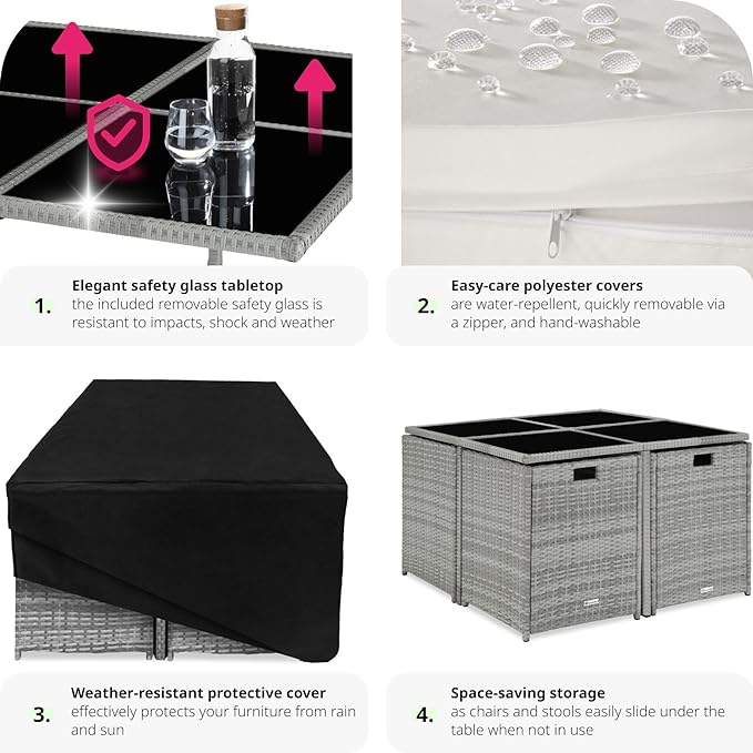 TecTake® Polyrattan Garden Furniture Set with Aluminium Base, Including 4 Dining Chairs, 1 Table, 4 Stools, Foldable Garden Lounge Set, For Up To 8 People, Patio Furniture - grey