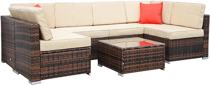 bigzzia 6 Seats Garden Furniture Set, Patio Rattan Dining Table Set Wicker Weave Corner Sofa Seat Glass Coffee Table Conversation Set With Cushions and Pillows For Lawn Backyard Poolside