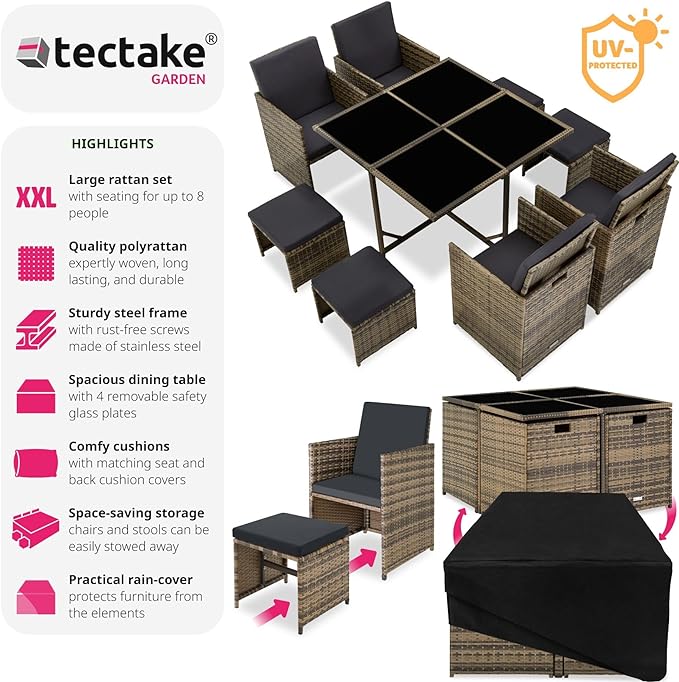 TecTake® Polyrattan Garden Furniture Set with Aluminium Base, Including 4 Dining Chairs, 1 Table, 4 Stools, Foldable Garden Lounge Set, For Up To 8 People, Patio Furniture - grey