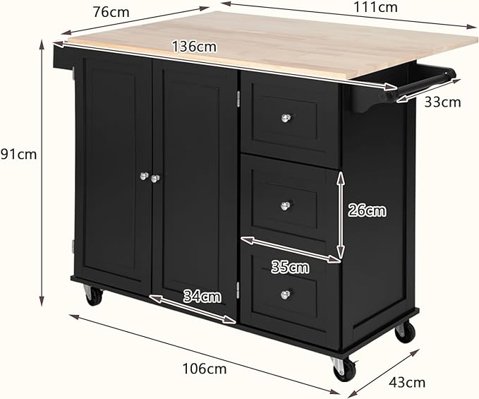 TANGZON Large Rolling Kitchen Island, Kitchen Storage Trolley with Extendable Wood Worktop, Adjustable Shelves, 3 Drawers & Side Handles, Mobile Utility Serving Cart for Home Dining Room