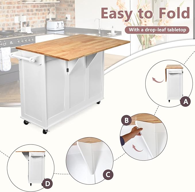 TANGZON Large Rolling Kitchen Island, Kitchen Storage Trolley with Extendable Wood Worktop, Adjustable Shelves, 3 Drawers & Side Handles, Mobile Utility Serving Cart for Home Dining Room