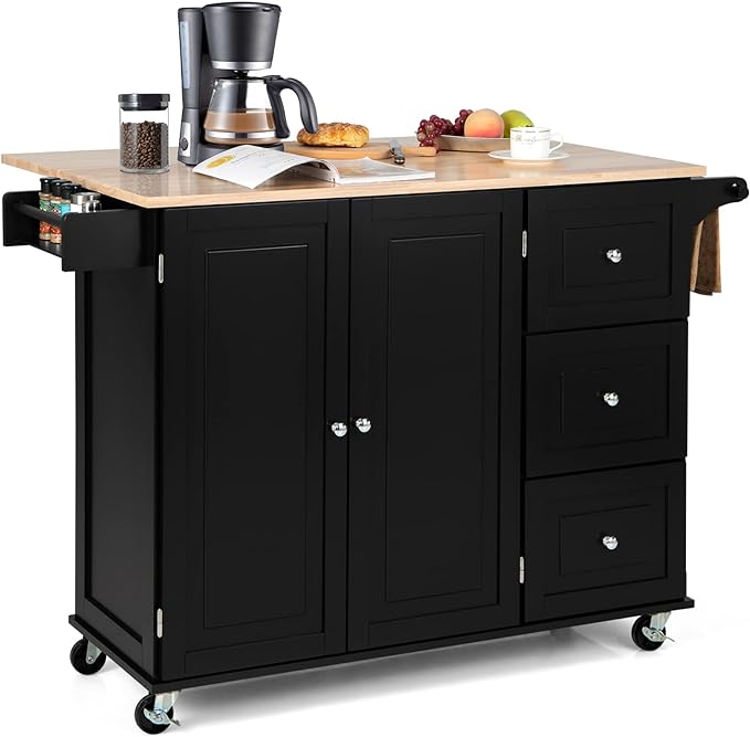 TANGZON Large Rolling Kitchen Island, Kitchen Storage Trolley with Extendable Wood Worktop, Adjustable Shelves, 3 Drawers & Side Handles, Mobile Utility Serving Cart for Home Dining Room