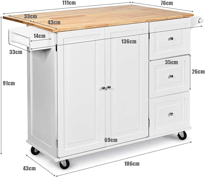 TANGZON Large Rolling Kitchen Island, Kitchen Storage Trolley with Extendable Wood Worktop, Adjustable Shelves, 3 Drawers & Side Handles, Mobile Utility Serving Cart for Home Dining Room