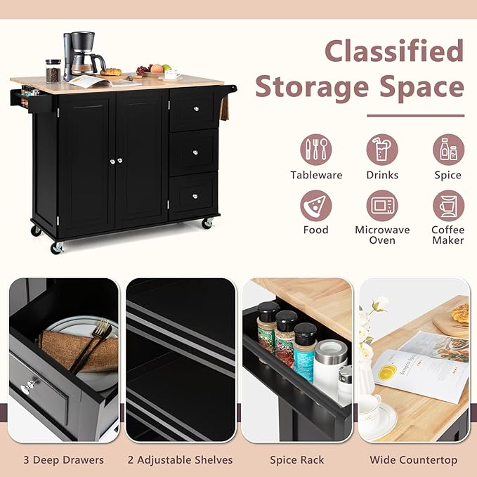 TANGZON Large Rolling Kitchen Island, Kitchen Storage Trolley with Extendable Wood Worktop, Adjustable Shelves, 3 Drawers & Side Handles, Mobile Utility Serving Cart for Home Dining Room