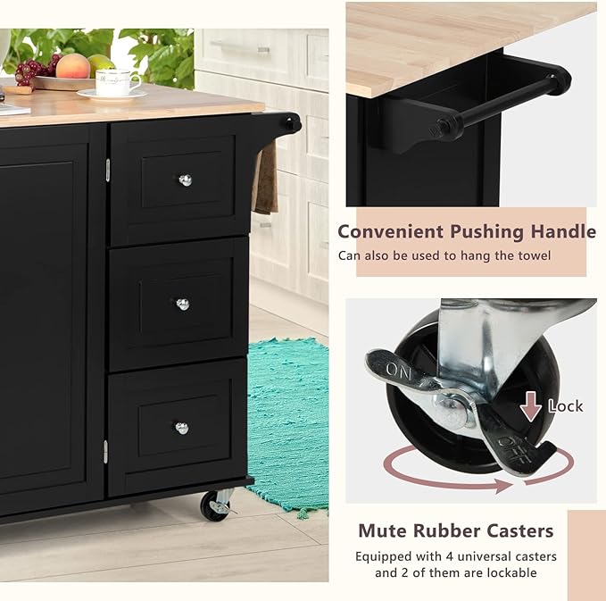 TANGZON Large Rolling Kitchen Island, Kitchen Storage Trolley with Extendable Wood Worktop, Adjustable Shelves, 3 Drawers & Side Handles, Mobile Utility Serving Cart for Home Dining Room