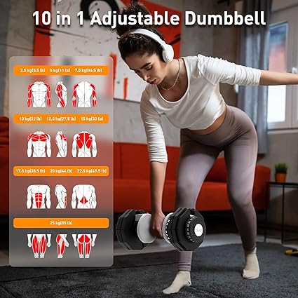 ATIVAFIT 20KG/25KG Adjustable Dumbbells with Anti-slip Handle 10 In 1 Quick Dial Adjustment Weights With Safety Locking Button Space Saving Strength Training for Full Body Home Gym Workout