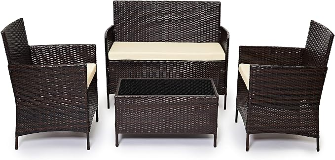 EVRE Grey Rattan Garden Furniture Set Patio Conservatory Balcony Indoor Outdoor 4 Seater Piece Glass Top Coffee Table Modular Sofa Loveseat with Cushions