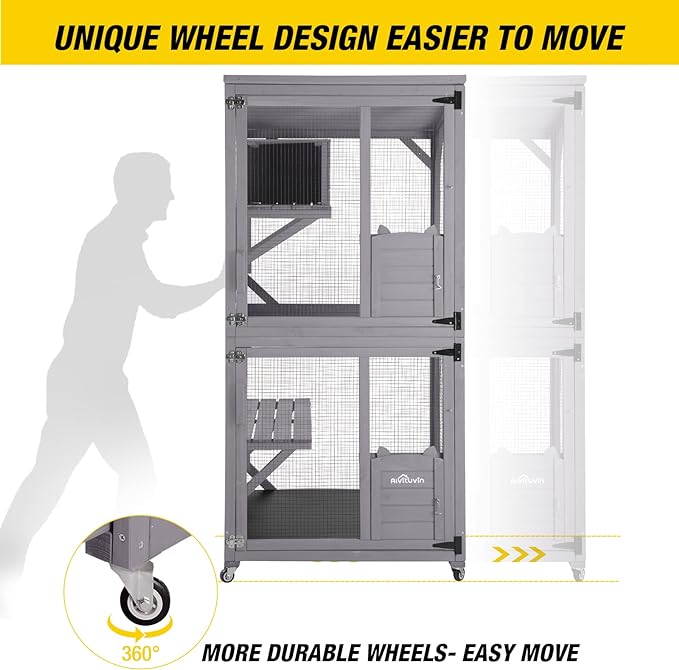 Aivituvin Cat Cage Wooden Indoor Outdoor Cat House Large Enclosure with Run on Wheels 70.9