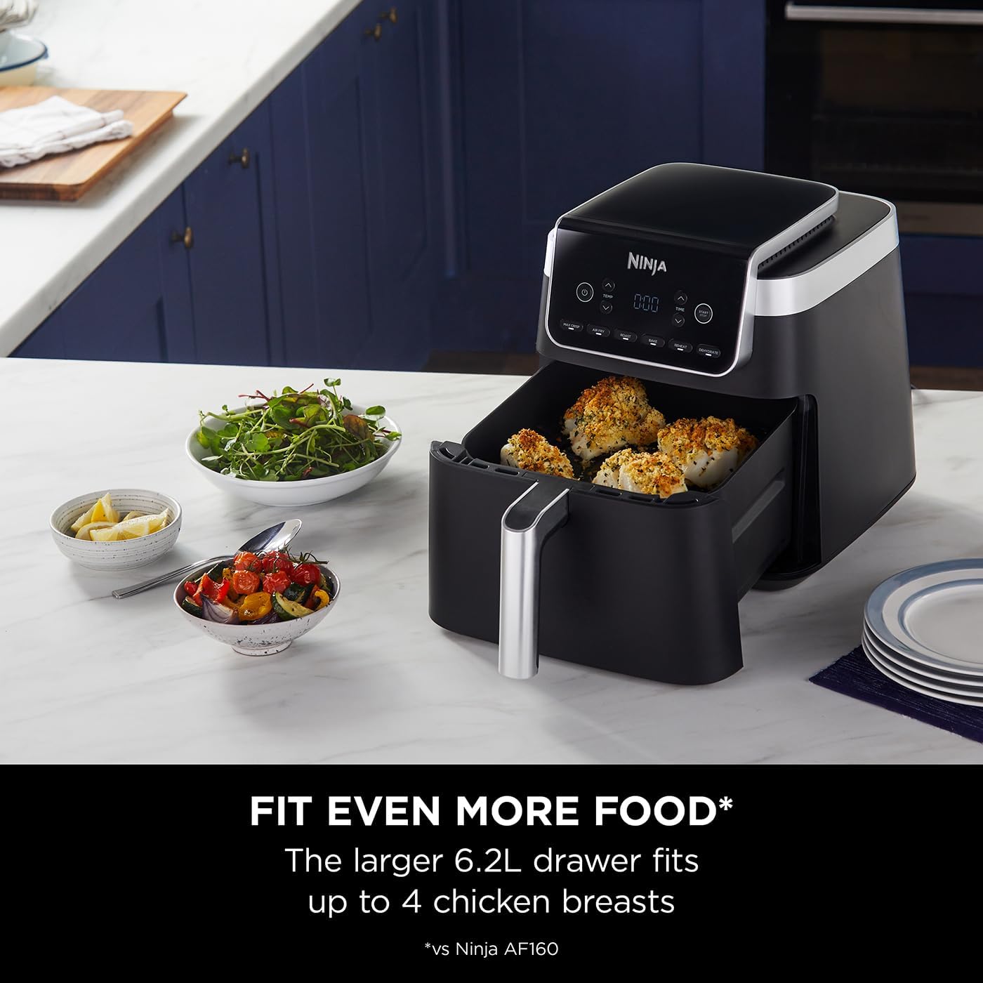 Ninja Air Fryer MAX PRO, 6.2L, Uses No Oil, Large Square Single Drawer, Roast, Bake, Air Fry, Family Size, Digital, Cook From Frozen, Non-Stick, Dishwasher Safe Basket & Crisper Plate, Grey, AF180UK