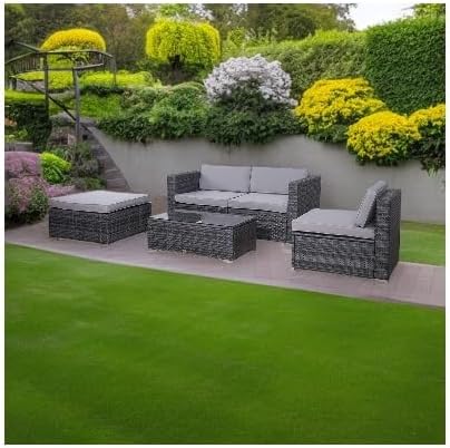 EVRE California Grey Outdoor Rattan Garden Furniture Conversation Set with Handwoven PE Wicker Sectional Sofa Glass Top Table Cushions for Patio Deck Conservatory
