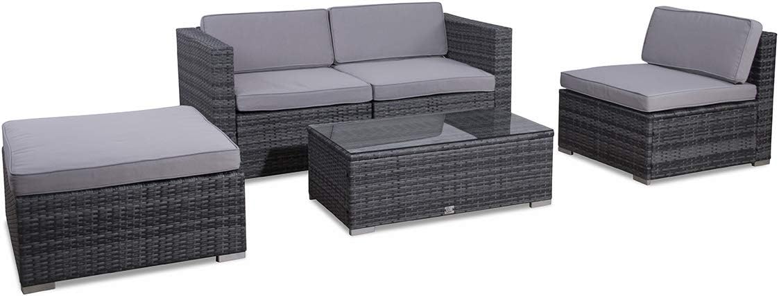 EVRE California Grey Outdoor Rattan Garden Furniture Conversation Set with Handwoven PE Wicker Sectional Sofa Glass Top Table Cushions for Patio Deck Conservatory