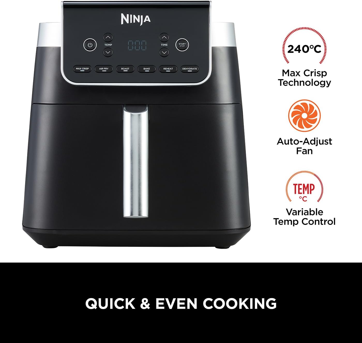 Ninja Air Fryer MAX PRO, 6.2L, Uses No Oil, Large Square Single Drawer, Roast, Bake, Air Fry, Family Size, Digital, Cook From Frozen, Non-Stick, Dishwasher Safe Basket & Crisper Plate, Grey, AF180UK