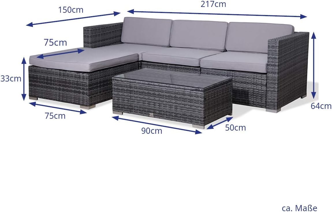 EVRE California Grey Outdoor Rattan Garden Furniture Conversation Set with Handwoven PE Wicker Sectional Sofa Glass Top Table Cushions for Patio Deck Conservatory