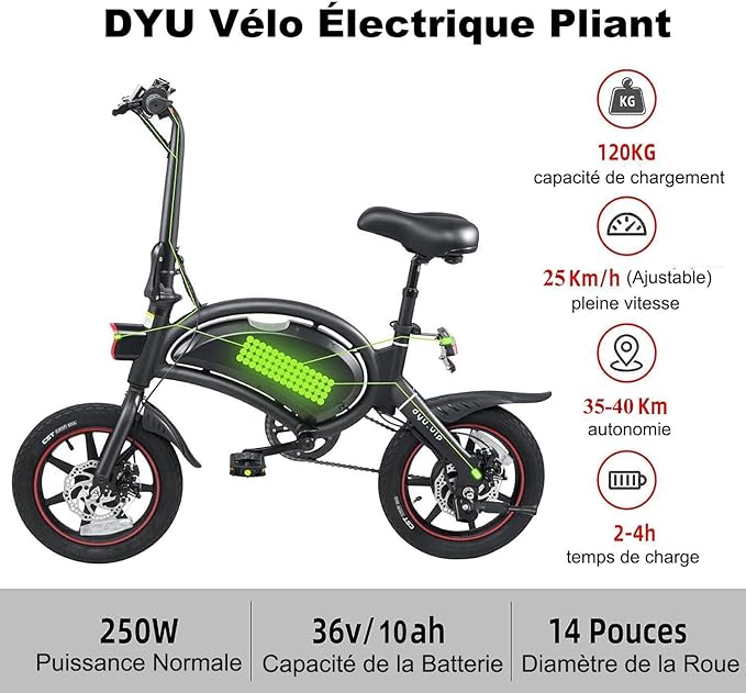 DYU Folding Electric Bike, 14 inch Portable E-bike, Smart Electric Bicycle with Pedal Assist, 3 Riding Modes City EBike with Battery Indicator, Height Adjustable, Compact Portable, Unisex Adult