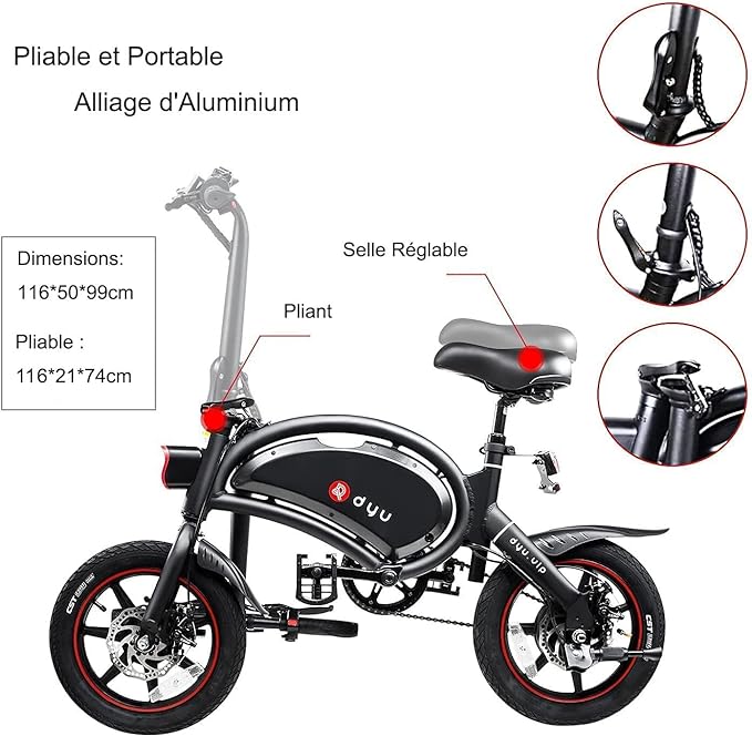 DYU Folding Electric Bike, 14 inch Portable E-bike, Smart Electric Bicycle with Pedal Assist, 3 Riding Modes City EBike with Battery Indicator, Height Adjustable, Compact Portable, Unisex Adult