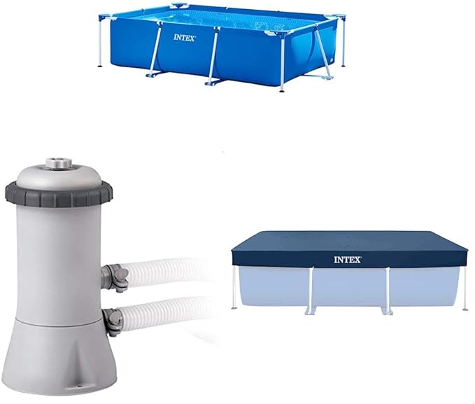 Intex 28272 Metal Frame Rectangular Outdoor Swimming Pool & Intex 28604 530 GPH 220-240 V Cartridge Filter Pump & Intex Debris/Weather Cover for 3metre x 2metre Frame Pools