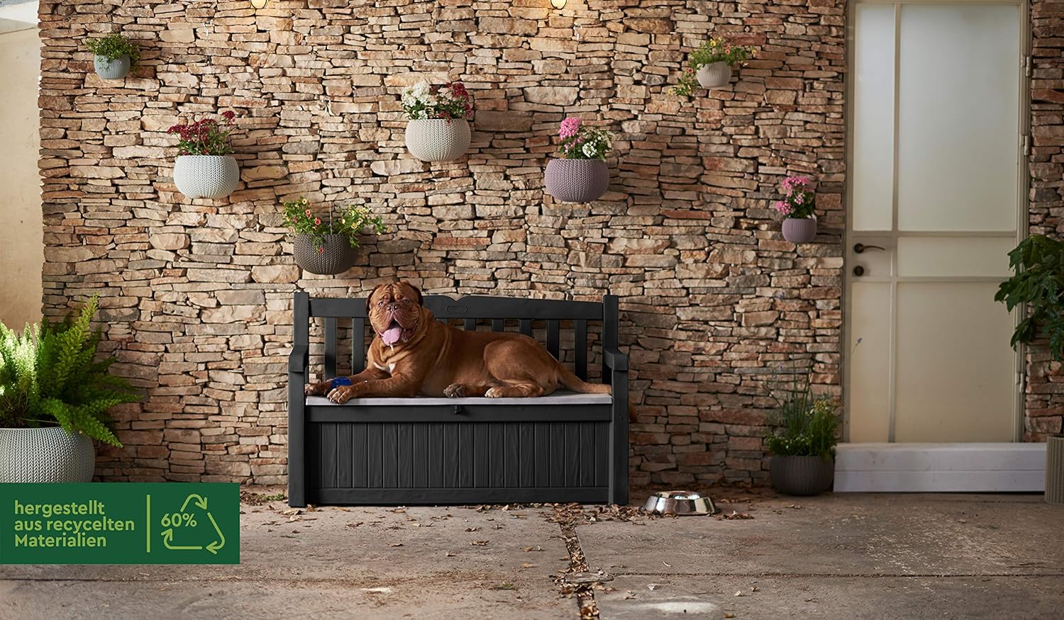 Keter Eden Bench 265L Outdoor 60% recycled Garden Furniture Storage Box Beige & Brown Wood Panel Effect