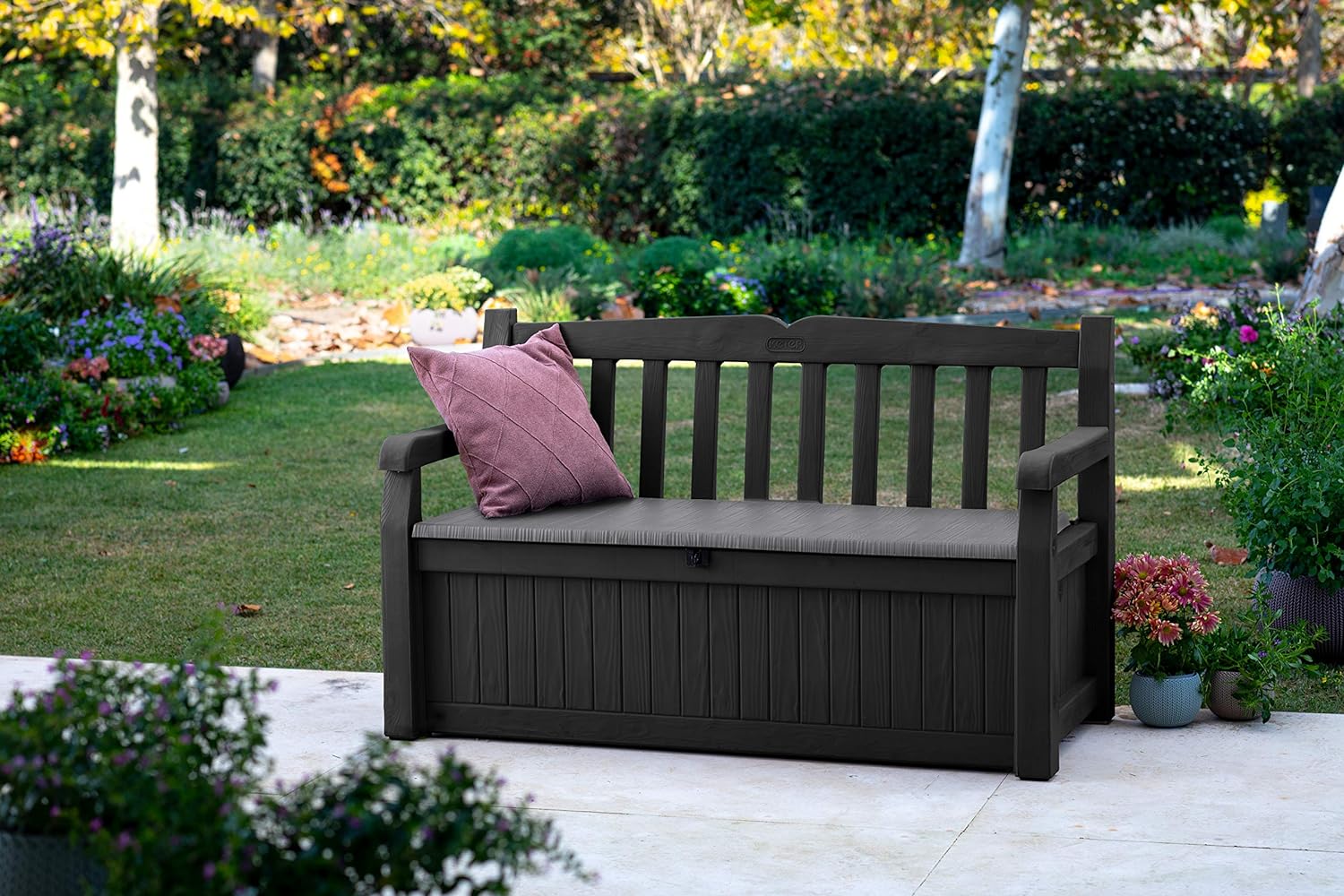 Keter Eden Bench 265L Outdoor 60% recycled Garden Furniture Storage Box Beige & Brown Wood Panel Effect