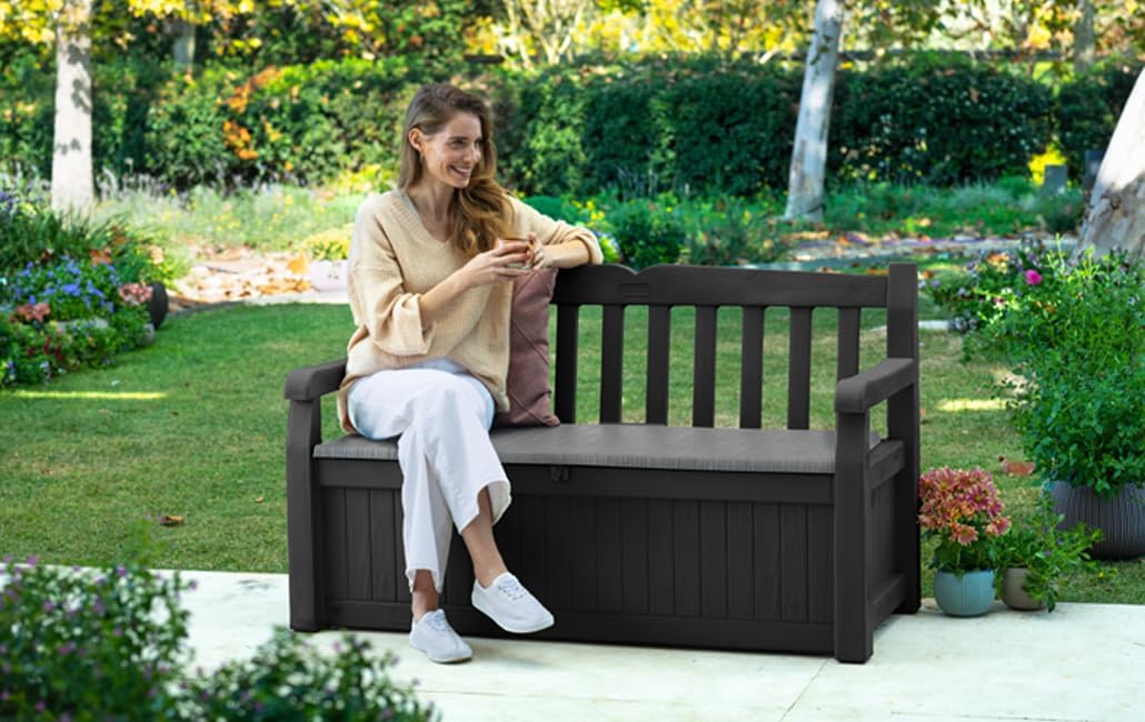 Keter Eden Bench 265L Outdoor 60% recycled Garden Furniture Storage Box Beige & Brown Wood Panel Effect