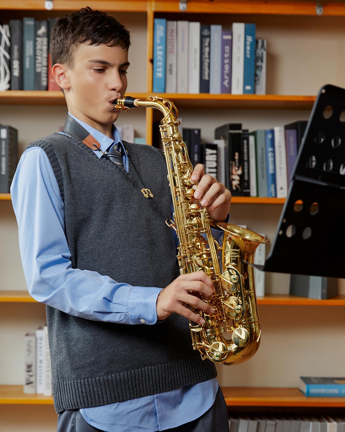 Eastar AS-Ⅱ Student Alto Saxophone E Flat Beginner Sax Full Kit, Carrying Case, Mouthpiece, Straps, Reeds, Stand, Golden Lacquer