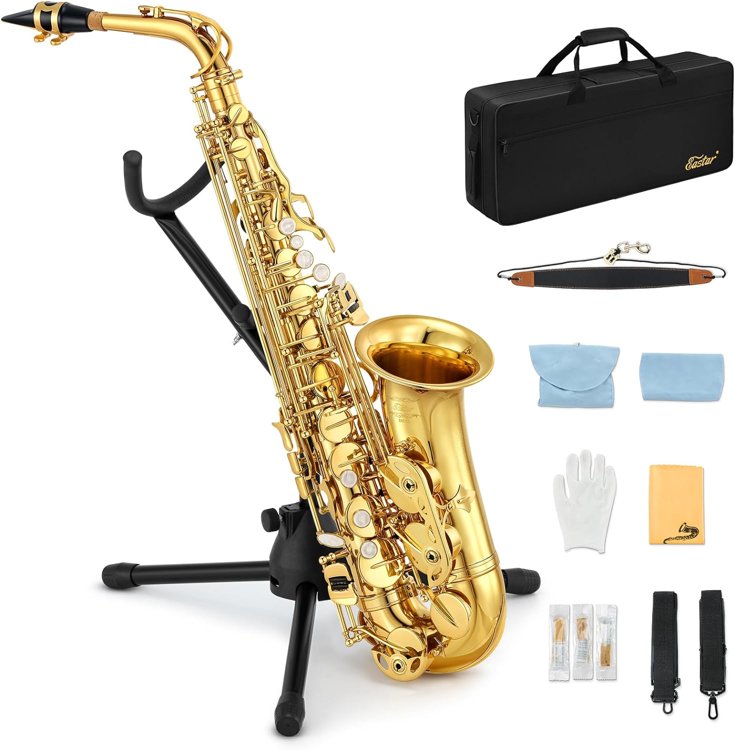 Eastar AS-Ⅱ Student Alto Saxophone E Flat Beginner Sax Full Kit, Carrying Case, Mouthpiece, Straps, Reeds, Stand, Golden Lacquer