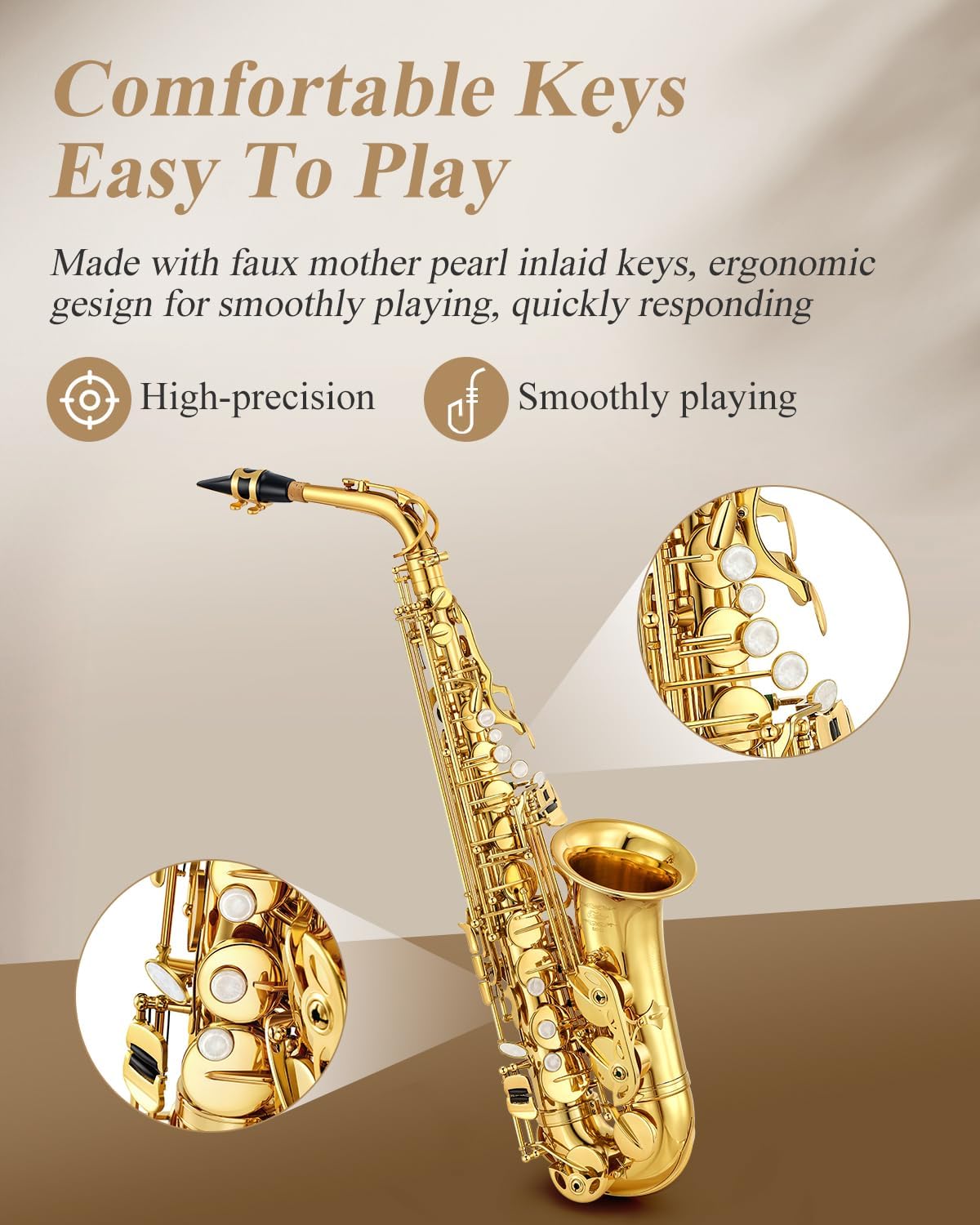 Eastar AS-Ⅱ Student Alto Saxophone E Flat Beginner Sax Full Kit, Carrying Case, Mouthpiece, Straps, Reeds, Stand, Golden Lacquer