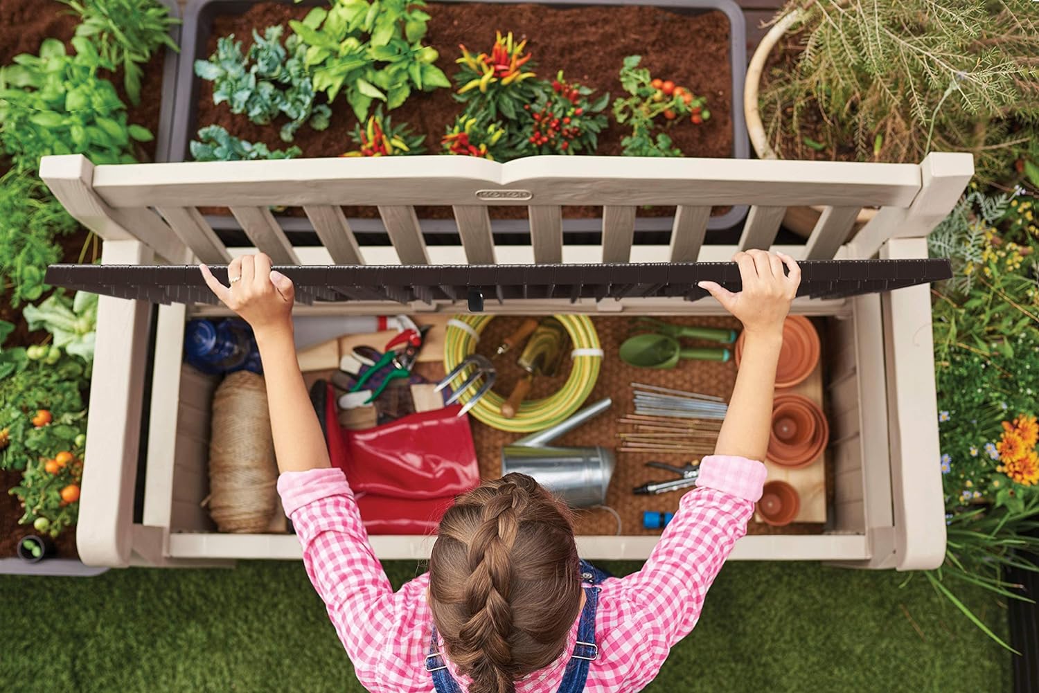 Keter Eden Bench 265L Outdoor 60% recycled Garden Furniture Storage Box Beige & Brown Wood Panel Effect