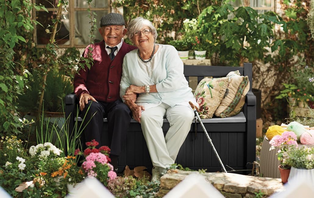 Keter Eden Bench 265L Outdoor 60% recycled Garden Furniture Storage Box Beige & Brown Wood Panel Effect