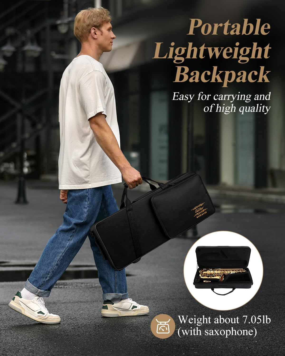 Eastar AS-Ⅱ Student Alto Saxophone E Flat Beginner Sax Full Kit, Carrying Case, Mouthpiece, Straps, Reeds, Stand, Golden Lacquer