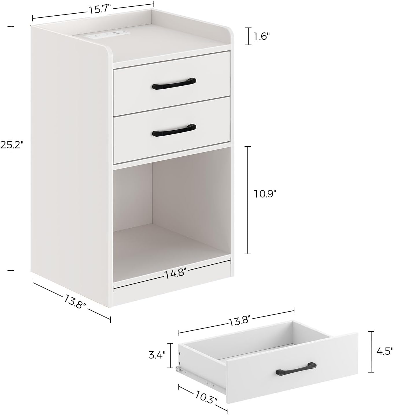 Seventable Nightstand with Charging Station and LED Lights, Modern Night Stand with 2 Drawers and Storage Open Compartment for Bedroom, White