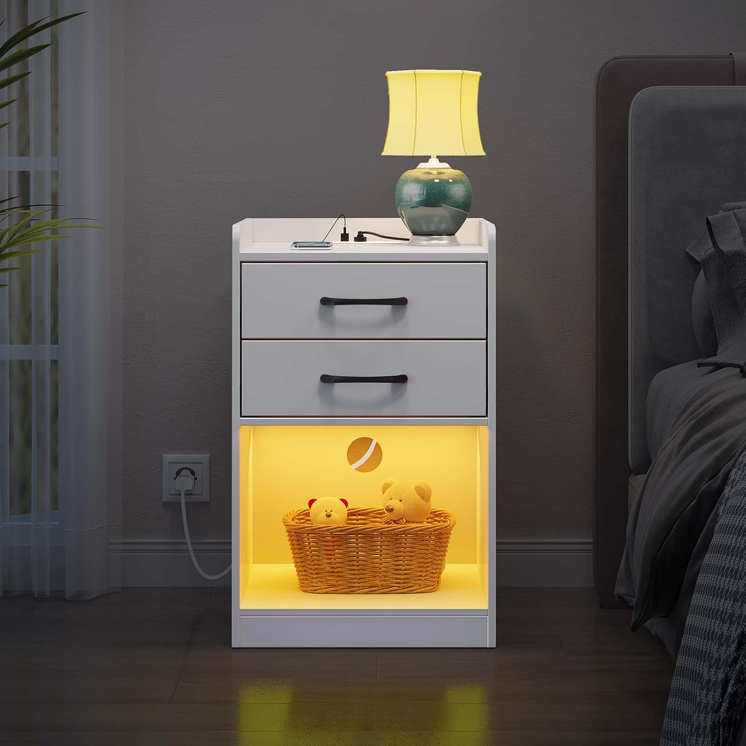 Seventable Nightstand with Charging Station and LED Lights, Modern Night Stand with 2 Drawers and Storage Open Compartment for Bedroom, White