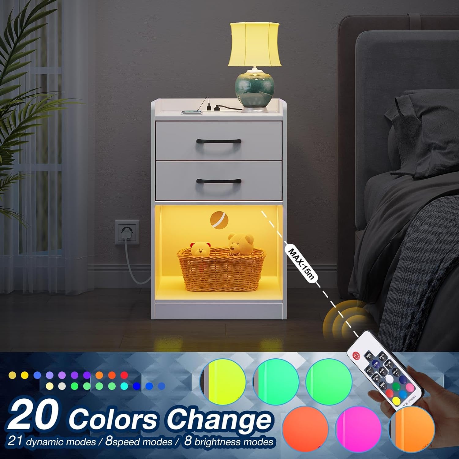 Seventable Nightstand with Charging Station and LED Lights, Modern Night Stand with 2 Drawers and Storage Open Compartment for Bedroom, White