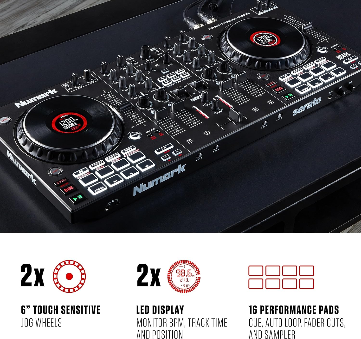 Numark NS4FX – 4-channel DJ Controller, Touch Jog Wheels with Display, Performance Pads and Effects, Booth and Main Outputs, Serato DJ Lite Included