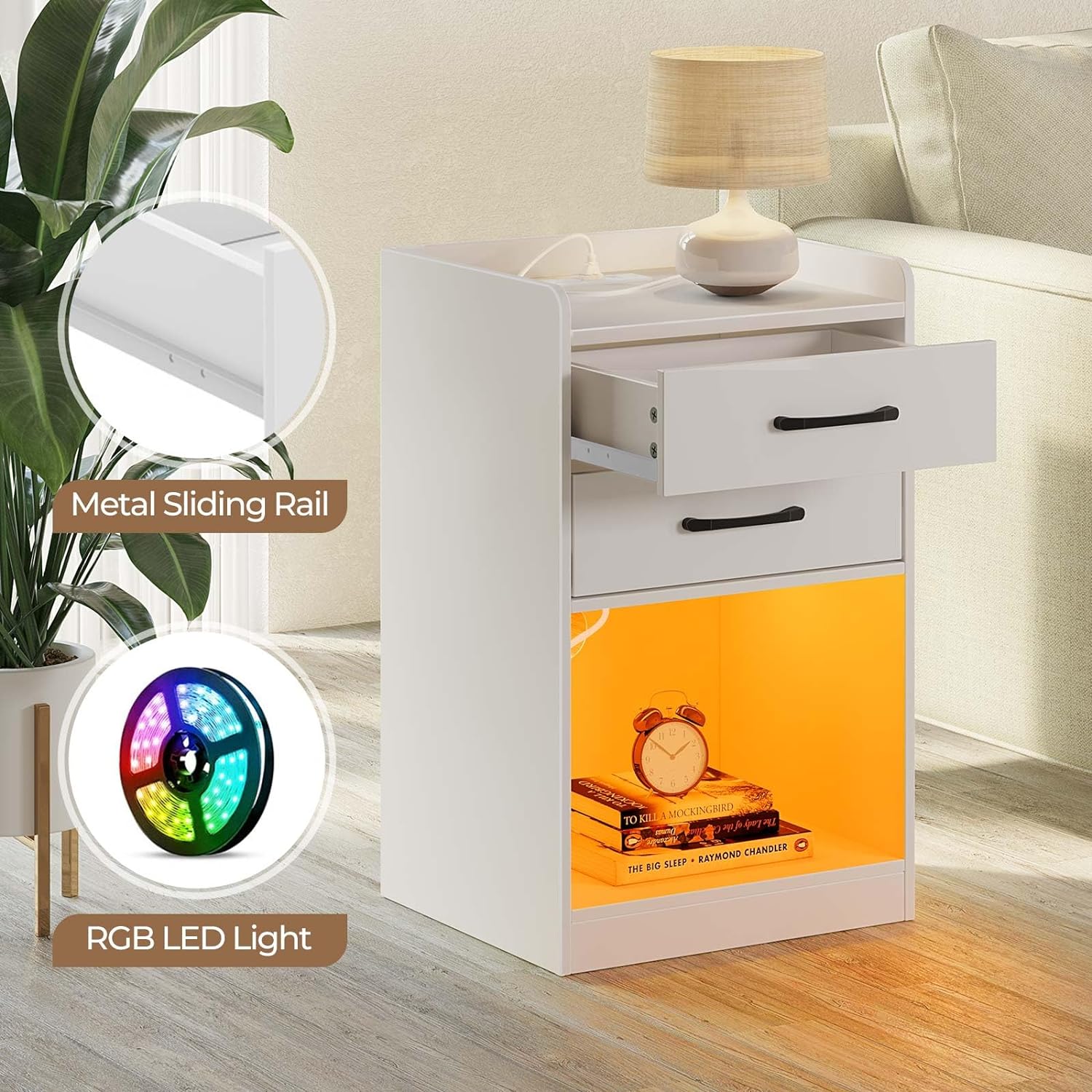 Seventable Nightstand with Charging Station and LED Lights, Modern Night Stand with 2 Drawers and Storage Open Compartment for Bedroom, White