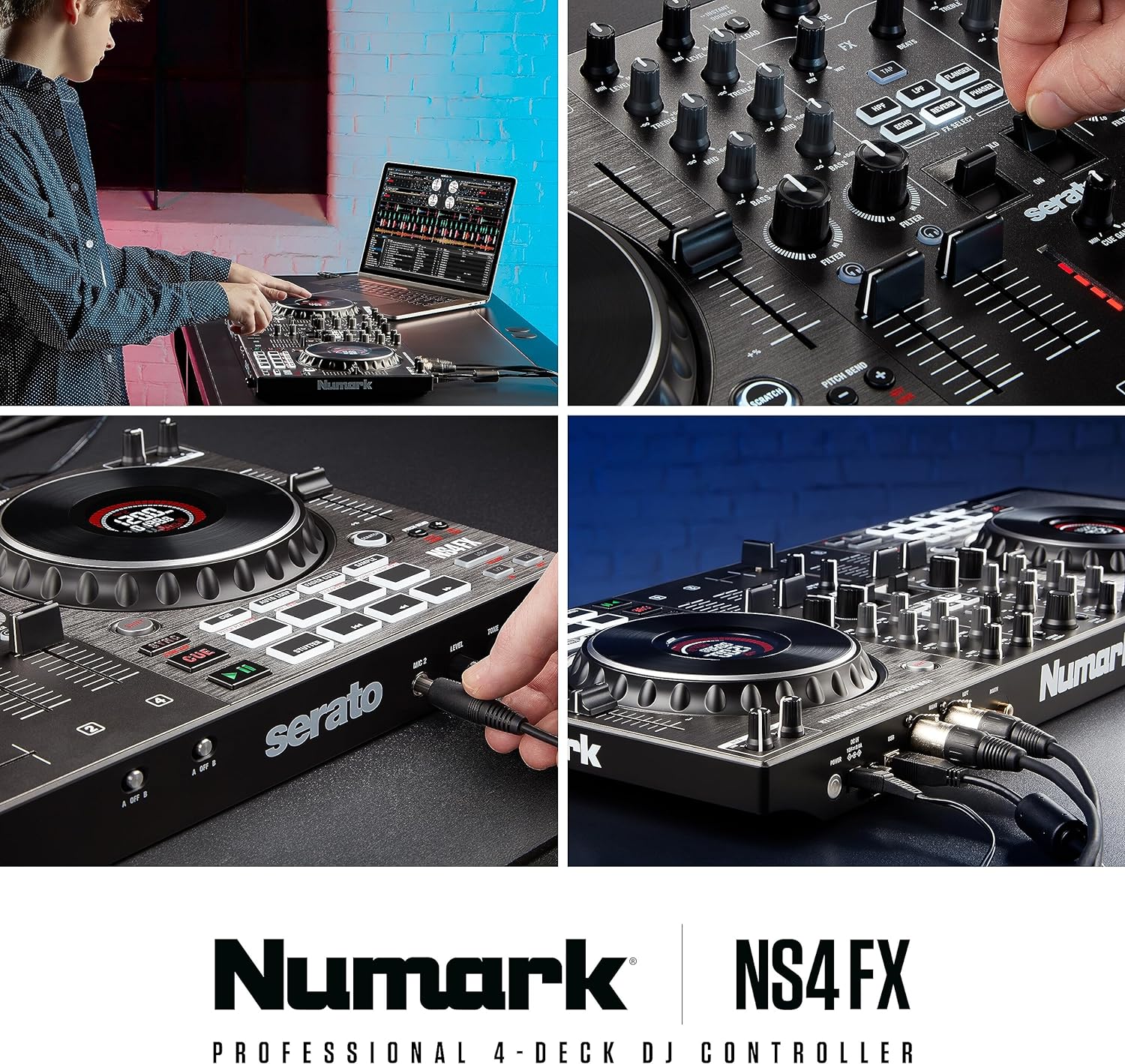 Numark NS4FX – 4-channel DJ Controller, Touch Jog Wheels with Display, Performance Pads and Effects, Booth and Main Outputs, Serato DJ Lite Included