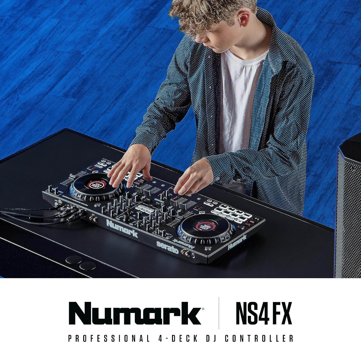 Numark NS4FX – 4-channel DJ Controller, Touch Jog Wheels with Display, Performance Pads and Effects, Booth and Main Outputs, Serato DJ Lite Included