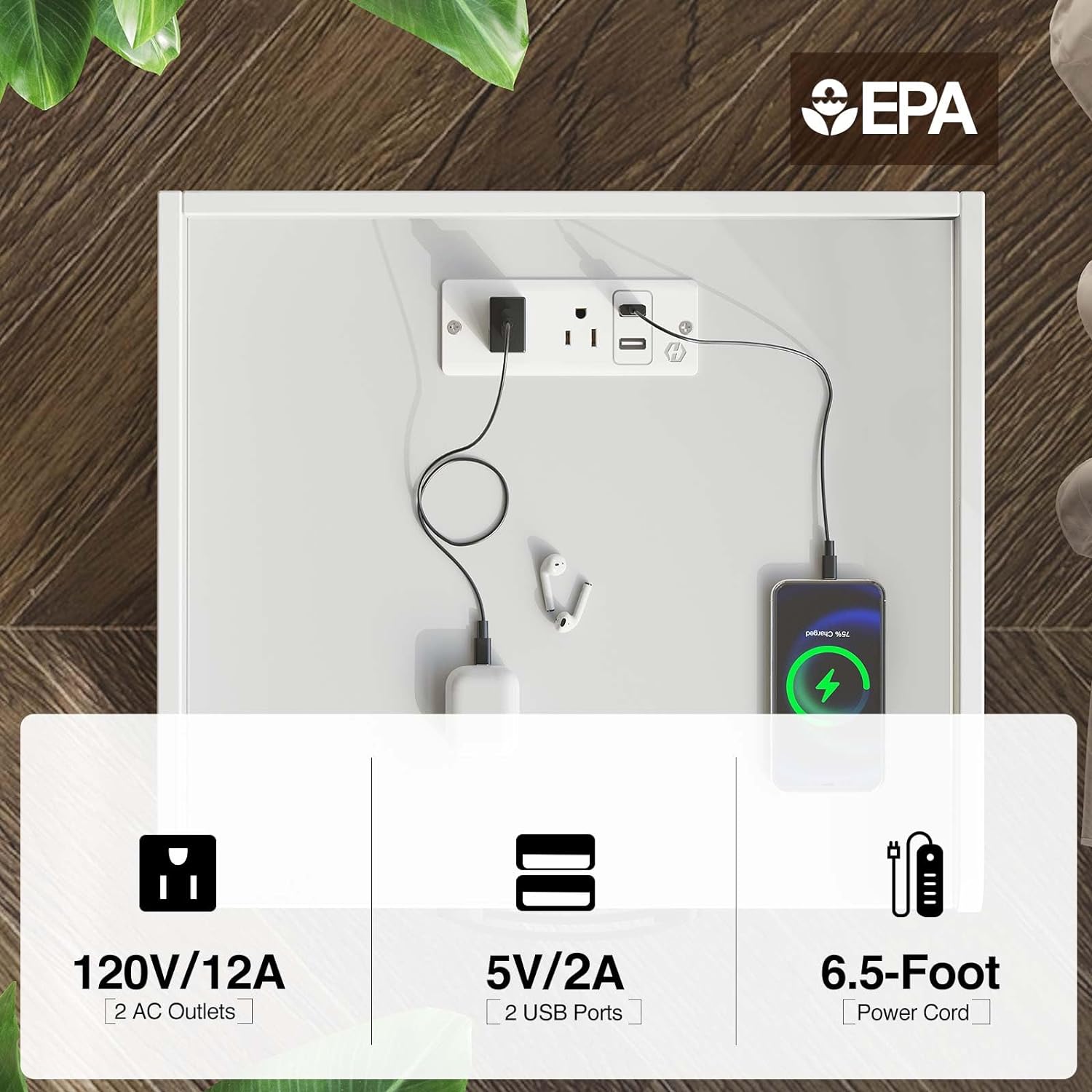 Seventable Nightstand with Charging Station and LED Lights, Modern Night Stand with 2 Drawers and Storage Open Compartment for Bedroom, White