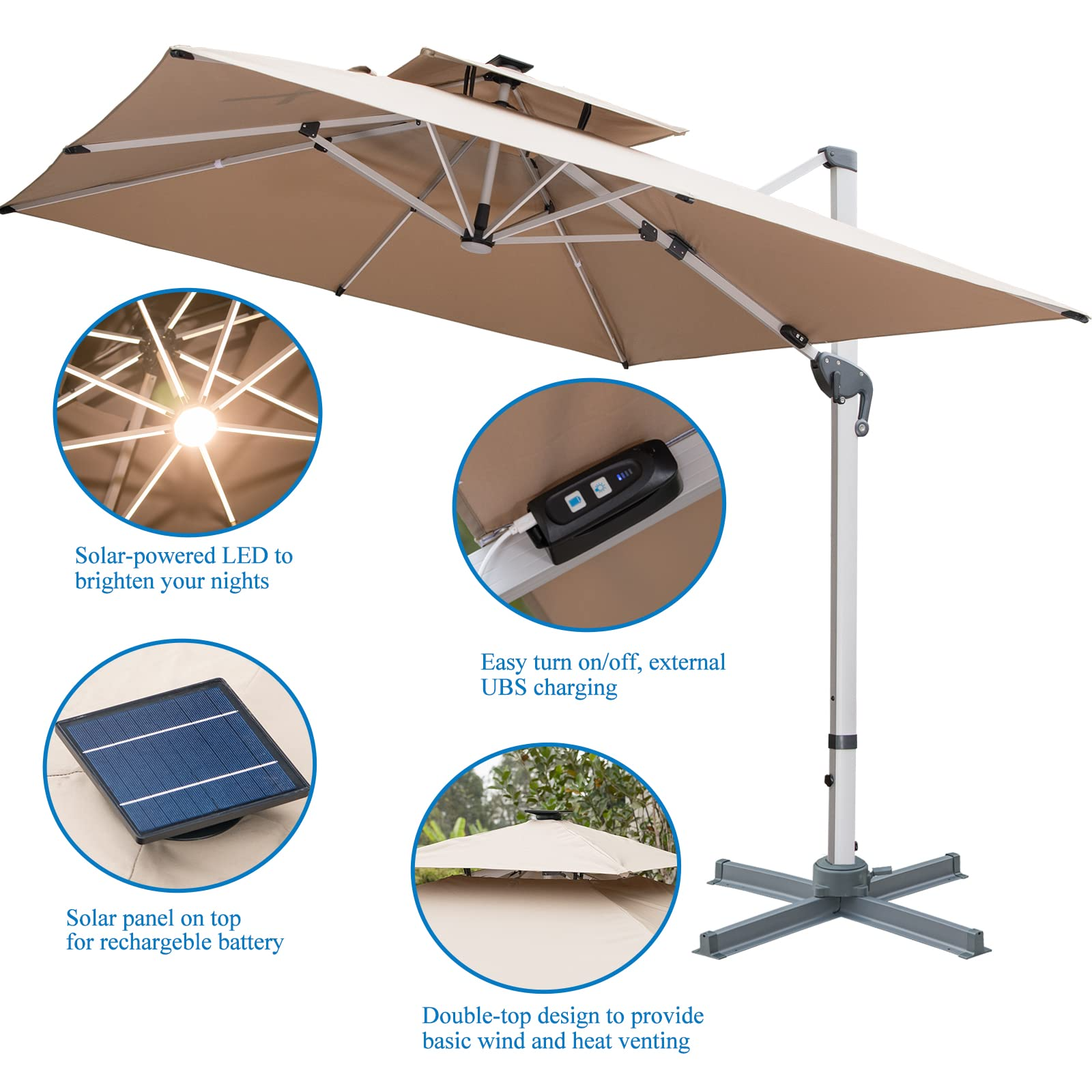 【Home&Garden】10 FT Square Cantilever Umbrella with Solar LED Lights & Cross Base, Large Patio Umbrella