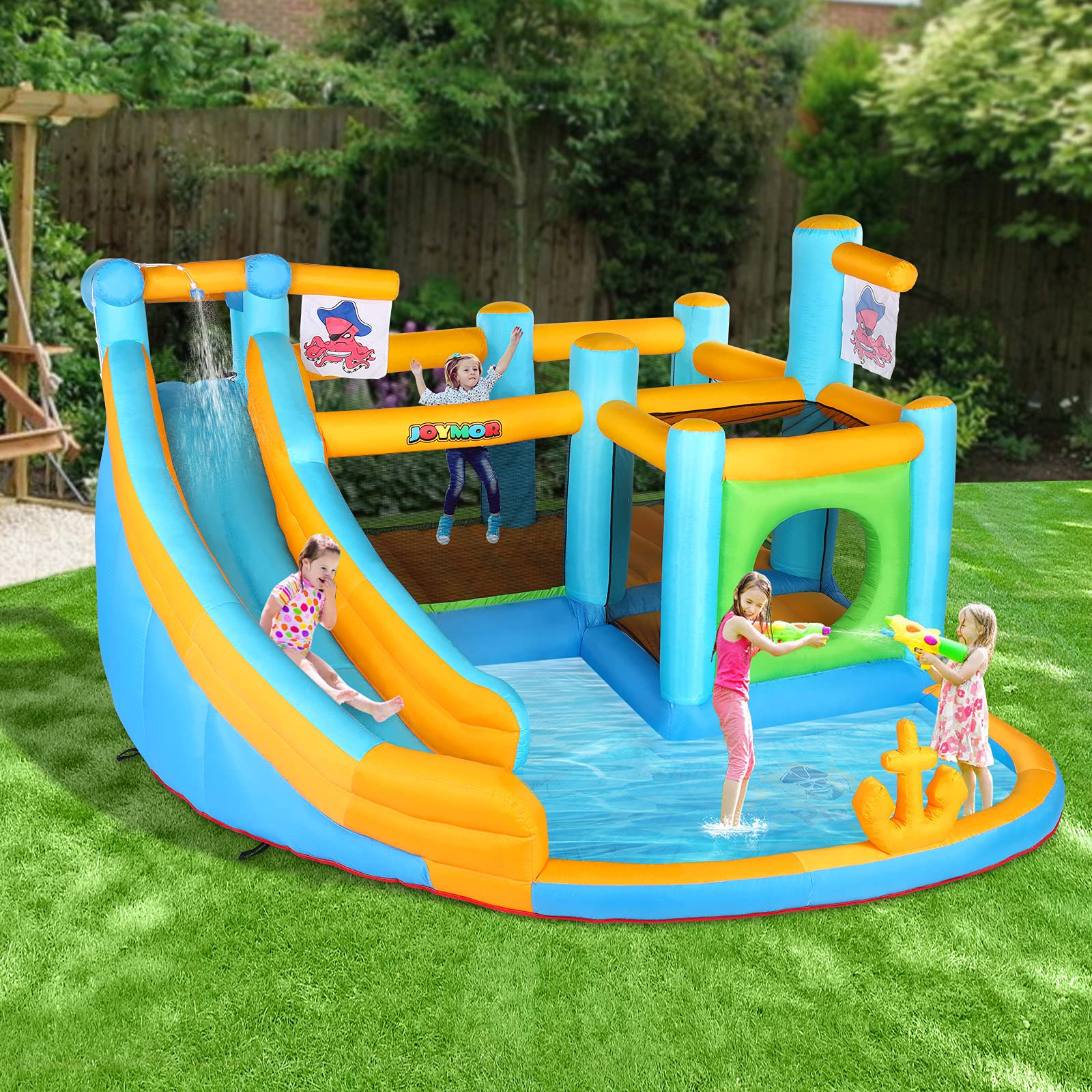 Inflatable Water Slide Park, Pirate Themed Bounce House, Obstacle Course, Water Cannon