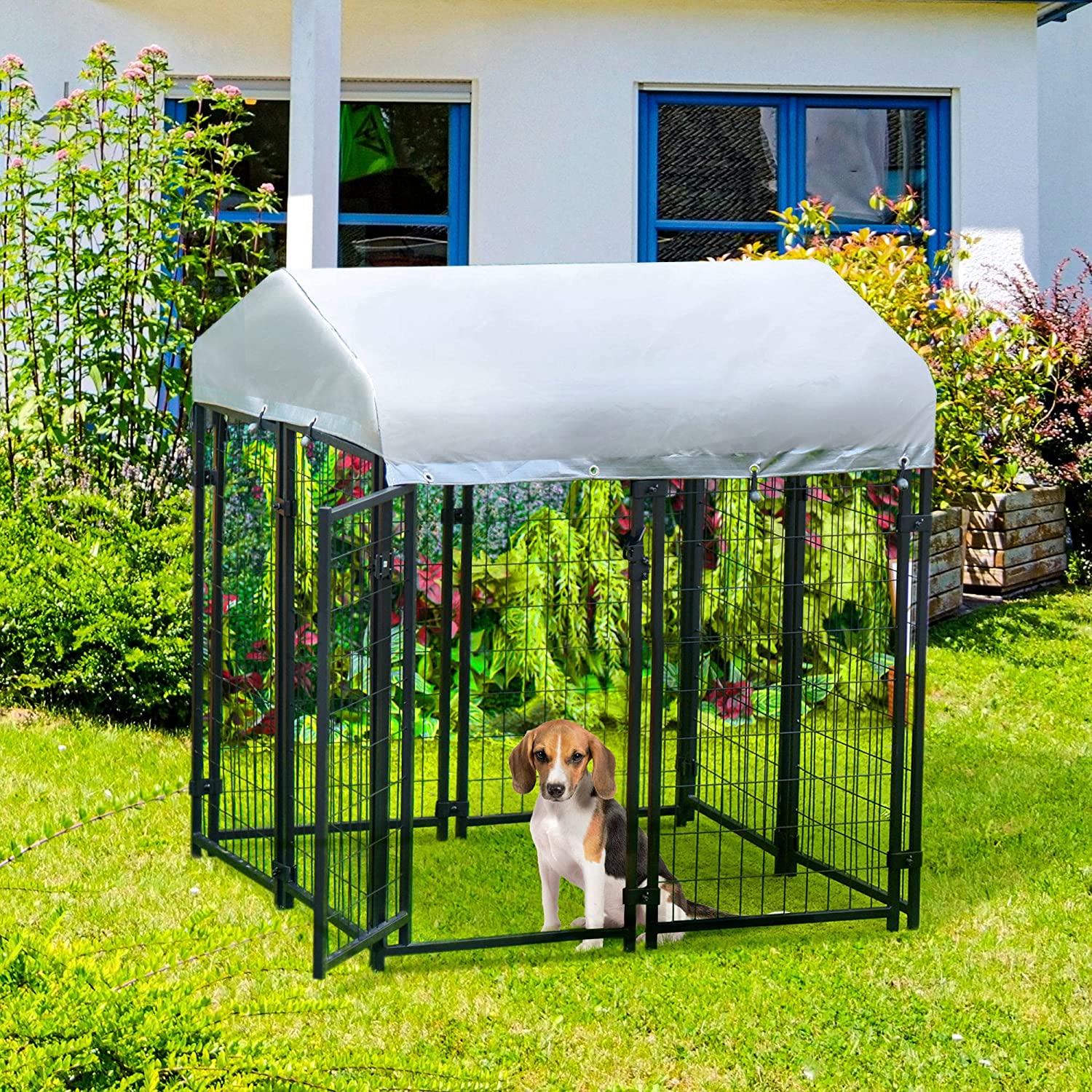 【Pet】6'x4'x6' Large Dog Kennel Outdoor Steel Fence with UV-Resistant Cloth Roof & Secure Lock